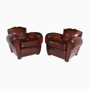 French Leather Moustache Back Club Chairs, 1930s, Set of 2