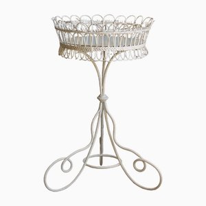 Wrought Iron Flower Stand with Woven Wire Basket, 1870s