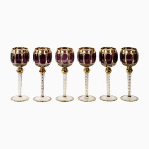 Bohemian Handmade Gilt Glass Wine Glasses, Set of 6