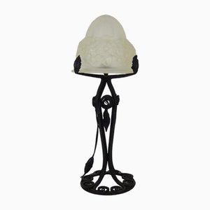 Lámpara hongo Art Déco de vidrio y hierro forjado, años 30