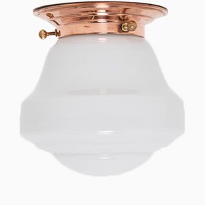 Copper and Opaline Glass Wall or Ceiling Lamp, 1930s
