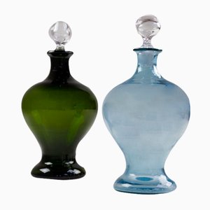 Danish Art Deco Blue and Green Glass Decanters, 1930s, Set of 2