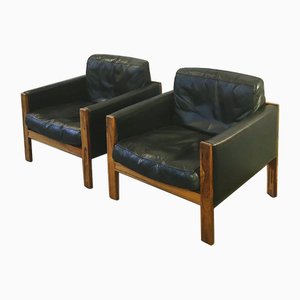 Leather and Rosewood Armchairs, 1960s, Set of 2