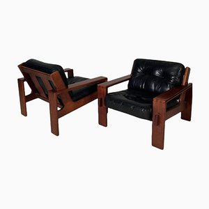 Cubist Armchairs in Teak and Black Leather by Esko Pajamies, Finland, 1960s, Set of 2