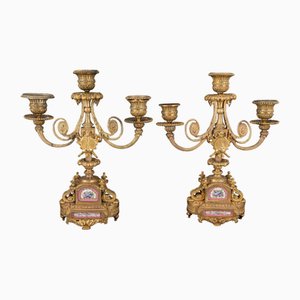 Candelabros Napoleón III de bronce dorado y porcelana, siglo XIX. Juego de 2