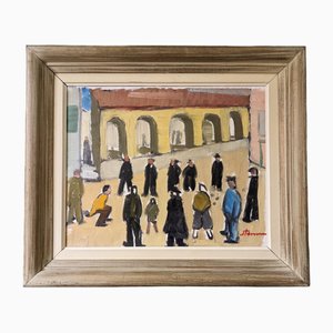 A Game of Petanque, 1950s, Oil on Canvas, Framed