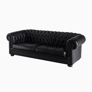 Chesterfield Three-Seater Sofa in Black Leather by Natuzzi