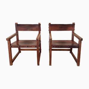 Spanish Biosca Style Armchairs in Leather and Wood, 1970s, Set of 2