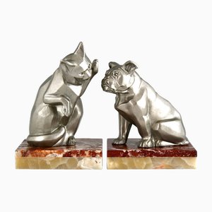 Art Deco Cat and Bulldog Bookends by Irenée Rochard, 1930, Set of 2