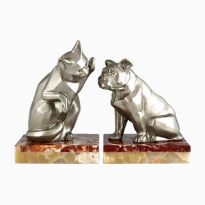 Fermalibri Art Deco Cat and Bulldog di Irenée Rochard, 1930, set di 2