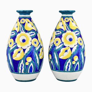 Vases Art Déco en Céramique avec Fleurs par Keramis, 1932, Set de 2