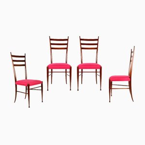 Wooden and Magenta Fabric Dining Chairs by Paolo Buffa, 1950s, Set of 4