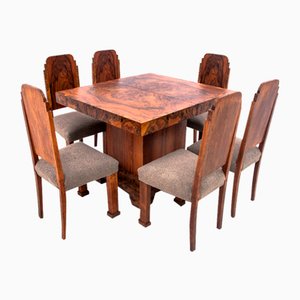 Art Deco Dining Table and Chairs, Poland, 1940s, Set of 7