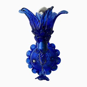 Aplique floral Mid-Century de palmera de cristal de Murano azul de Mazzega, Italia, años 50