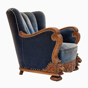 Art Deco Danish Relax Chair in Original Ocean Blue Velour, 1950s