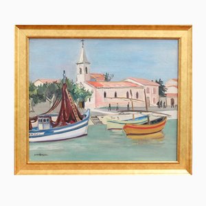 Yves Brayer, El puerto de Grau Du Roi, años 50, óleo sobre lienzo, enmarcado