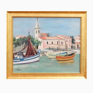 Yves Brayer, Il porto di Grau du Roi, anni '50, olio su tela, con cornice