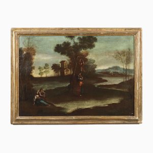 Artista di scuola dell'Italia settentrionale, Paesaggio con figure, 1700, Olio su tela, In cornice