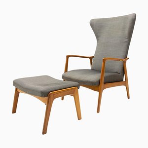 Scandinavian Wingback Chair and Pouff attributed to Jizba, 1960s, Set of 2