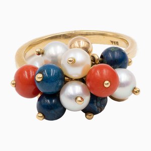 Vintage Ring in 18k Yellow Gold with Lapis Spheres, Coral, Pearls, 1970s