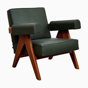 053 Capitol Complex Armchair in Teak and Green Leather by Pierre Jeanneret for Cassina