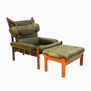 Inca Chair with Ottoman in Olive Green Leather by Arne Norell for Arne Norell Ab, 1960s, Set of 2