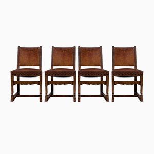 Spanish Leather and Wood Chairs, 1940s, Set of 4