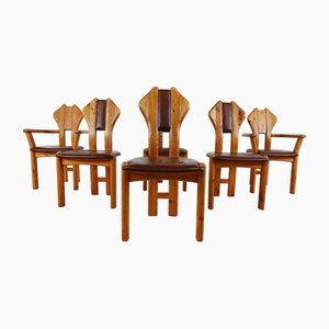 Brutalist Pine Dining Chairs, 1970s , Set of 6