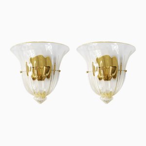Italian Murano Glass and Brass Wall Light Sconces, 1980s, Set of 2