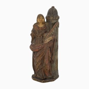 Polychrome Wood Virgin St. Barbara Sculpture