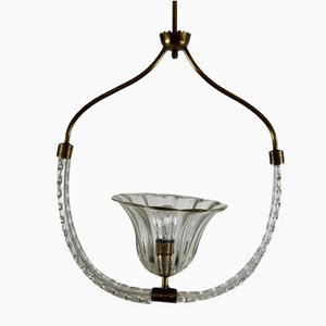 Vintage Italian Hanging Lamp in Murano Glass and Brass by E. Barovier, 1950
