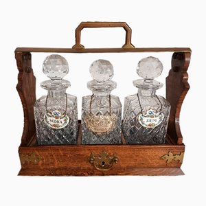 Victorian Tantalus and Decanters in Oak & Brass from Mappin and Web, 1880s, Set of 4
