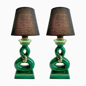 Ceramic Table Lamps with Hand Painted Decoration from Car, 1930s, Set of 2