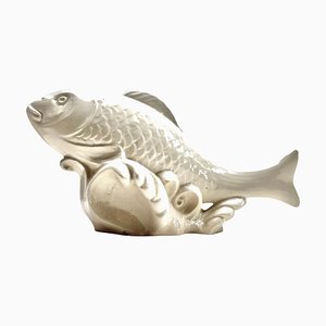 Escultura de pez de cerámica esmaltada, Italia, años 50