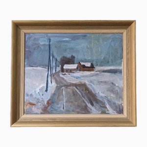 Houses in the Distance, 1950s, Oil on Board, Framed