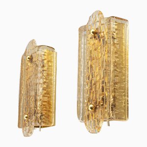 Wall Lights by Orrefors in Molded Glass & Brass, Sweden, 1960s, Set of 2