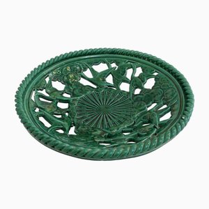 Large Cut Dish with Openwork Decoration of Birds in Flight in Green Earthenware, 1950s