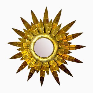 Aplique brutalista en forma de sol floral de metal dorado, Italia, años 70