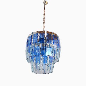 Lámpara de araña italiana de cristal tallado de Murano azul de Zero Quattro, 1970