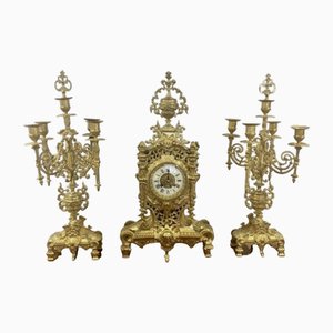 Antique French Victorian Ornate Brass Clock Garniture, 1880, Set of 3