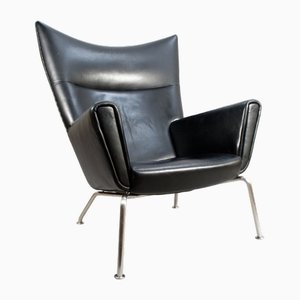 Easy Wing Chair in Black Leather by Hans J. Wegner for Carl Hansen, Denmark, 2000s