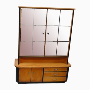 Mid-Century Highboard Linen Cabinet with Chest with 2 Mirror Doors in Beechwood and Black, Germany, 1950s