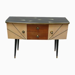 Small Mid-Century Modern German Sideboard with 2 Doors, 2 Drawers & Angled Legs with Black Glass Top, 1950s