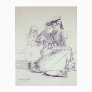 Ernst Albert Fischer-Cörlin, Feeding of the Kitten, 1893, Pencil Drawing