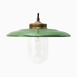 Vintage Green Enamel, Brass and Clear Glass Pendant Light