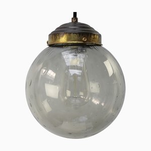Vintage Dutch Smoked Bubble Glass & Brass Pendant Light