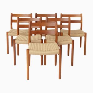 Mid-Century Model 84 Dining Chairs in Teak with Papercord Seats by Niels O. Møller for J.L. Moller, 1970s, Set of 6