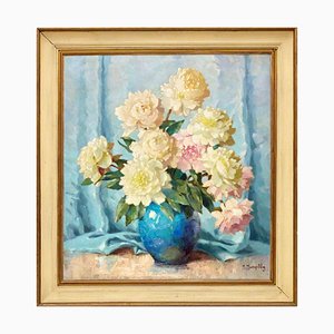 Maximilian Maxolli, Still Life with Peonies, Oil on Canvas, Framed