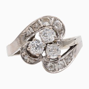 Vintage 14K White Gold Cut Diamond Trefoil Ring, 1940s