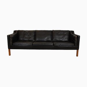Vintage 2213 Three-Seater Sofa in Patinated Black Leather by Børge Mogensen for Fredericia